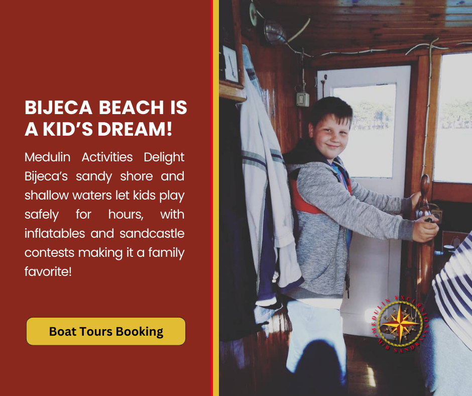 A young boy steers a boat inside, showcasing Bijeca Beach is a kid’s dream. Text highlights Medulin activities delight with Bijeca’s sandy shore and shallow waters, where kids play safely with inflatables and sandcastle contests, making it a family favorite.