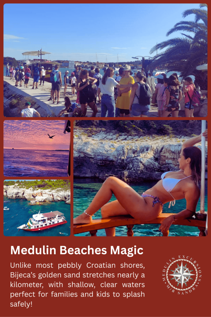 A collage showcasing Bijeca Beach is a sandy paradise, featuring a crowded pier with boats, a sunset over the sea, a person relaxing on a boat, and clear waters with rocky cliffs. Text highlights Bijeca’s golden sand, shallow waters, and family-friendly environment.