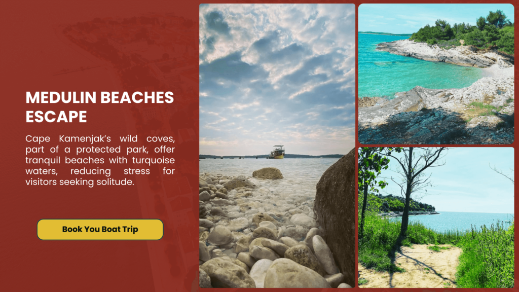 A collage of Medulin beaches escape, featuring Cape Kamenjak’s wild coves with turquoise waters, rocky shores with pebbles, and serene coastal paths under a partly cloudy sky. Text describes the tranquil beaches in a protected park, ideal for stress-free solitude.