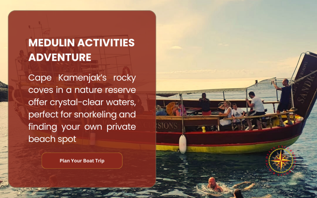  A boat named "Sandra" with people swimming in clear waters, showcasing Medulin activities adventure. Text highlights Cape Kamenjak’s rocky coves in a nature reserve, offering crystal-clear waters perfect for snorkeling and finding private beach spots.
